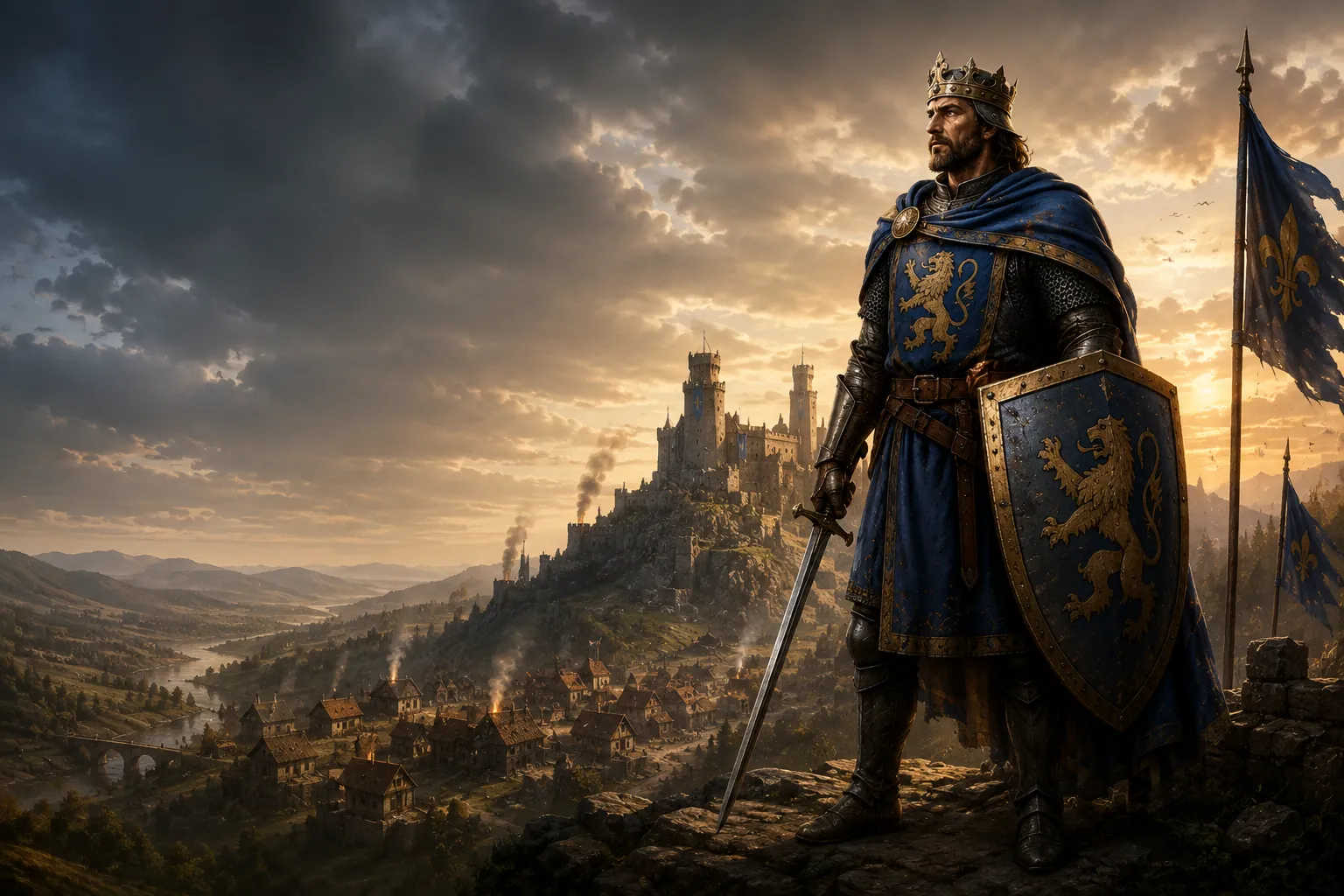 A crowned king standing above a medieval valley at dusk, castle on the hill behind him.